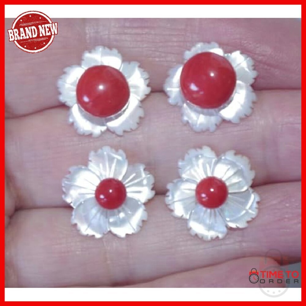 14mm Mother of Pearl Flower Stud Jackets, Handmade Jewelry Enhancers - Picture 3 of 8